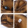 Retro Wide Brim Western Cowboy Hat Beads Ethnic Style Sunscreen Straw Hat Breathable Hollow Out Sun Hat Summer