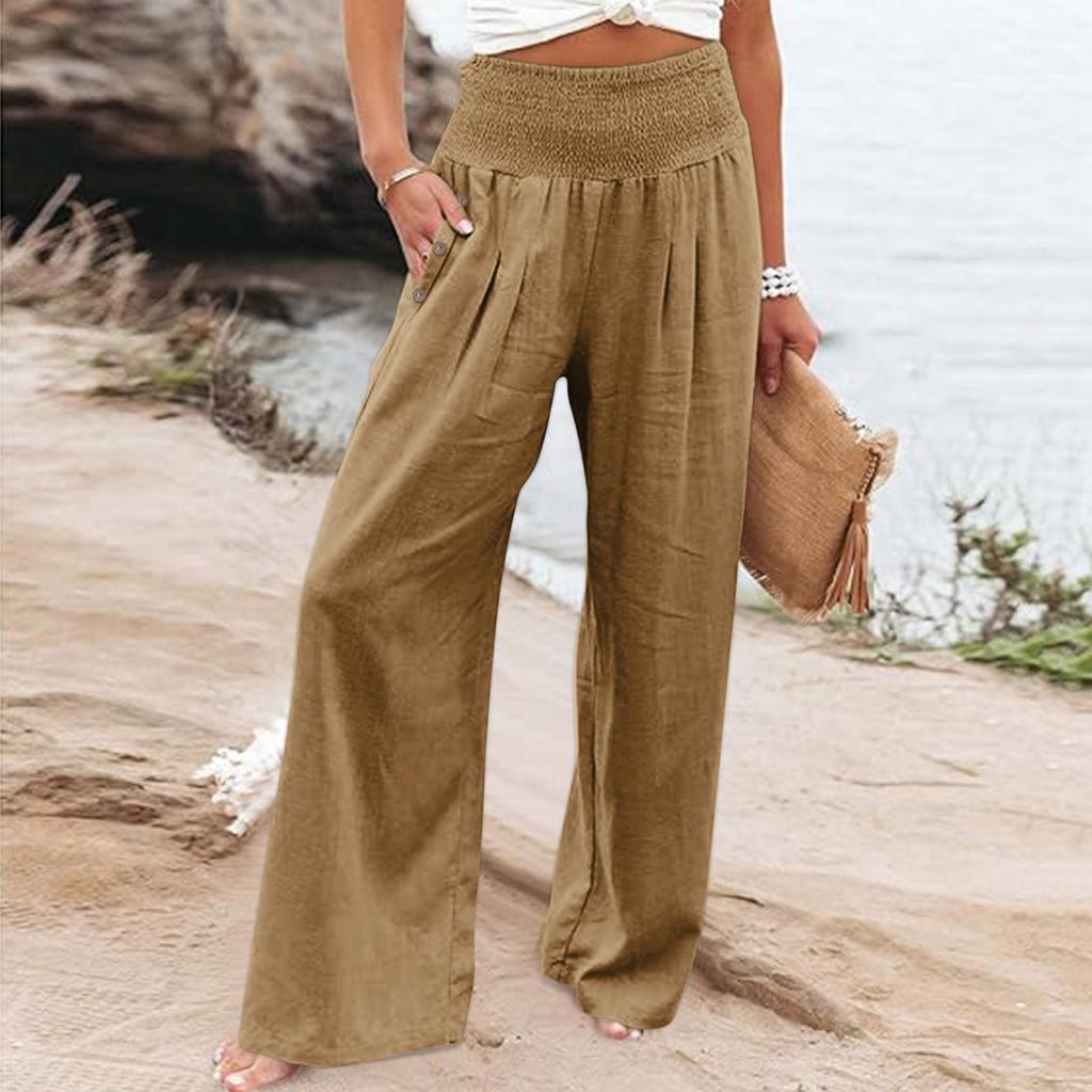 Summer Cotton Linen Wide Leg Pants Women Loose Palazzo Pant Pocket Elastic Waist Button Casual Pants