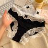 Lolita Bow Lace Transparent Underpants for Women Mid Waist Black Mesh Ruffle Cotton Crotch Thin Panties Sweet Girl Cute Briefs