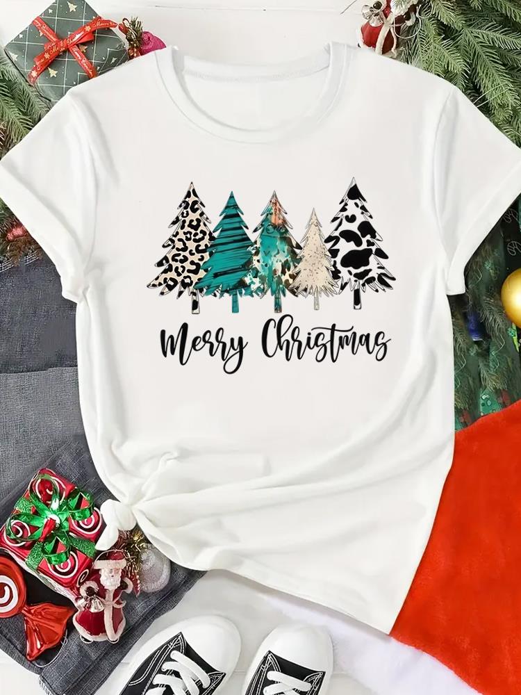 (Asian Size) Print Merry Christmas O-neck Women's Top New Year T Clothing Lovely Cute 90s Short Sleeve T-shirts Fashion Holiday Graphic Tee