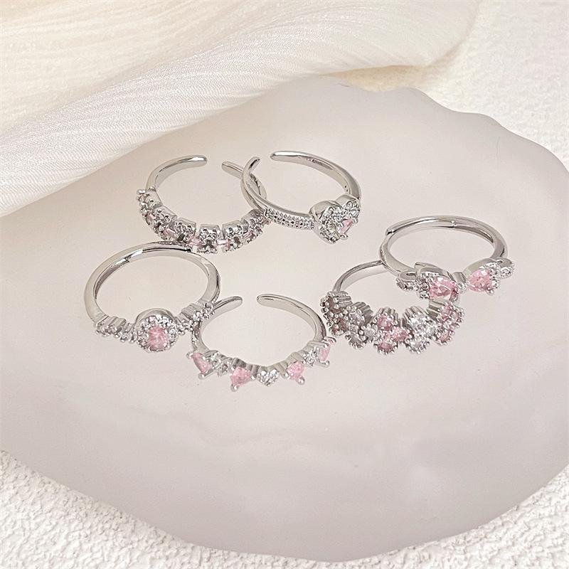 Pink Girl Love Bow Open Ring Niche Light Luxury High Sense Inlaid Zircon Simple Colored Jewelry Women