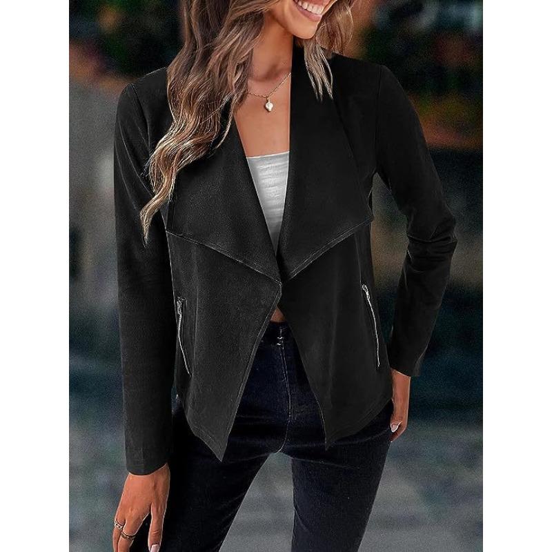 Autumn Fashion Women New Jackets Casual Imitation Deerskin Short Coat Big Lapel Elegant Long Sleeve Zipper Solid Color Clothes 1572