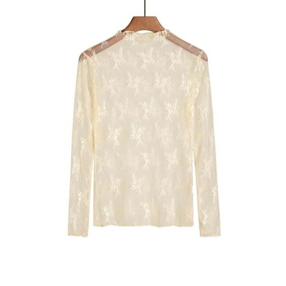 Long Sleeve Lace Bottomed Blouse Hollow Lace Floral Shirts Elegant See Through Tops Girls