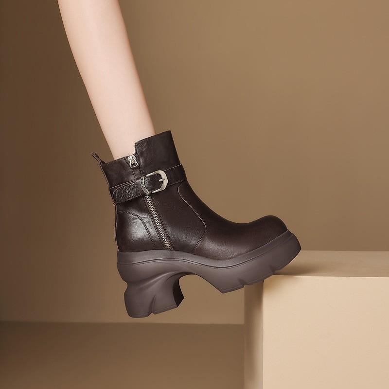 Womens Black Fashion Thick Sole Platform Short Boots Round Toe Chunky Heel Side Zip Motorcycle Fall Winter