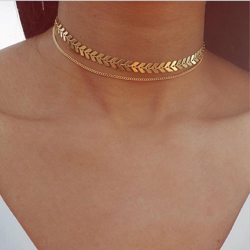 Sequins Fish Bone Shape Fashion Short Choker Necklace Men Women Jewelry