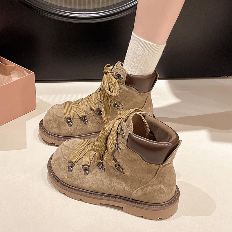 Retro Martin Boots Women's Autumn and Winter New Lace-up Side Zipper Black Inner Heightening Short Boots Medium Boxing Boots