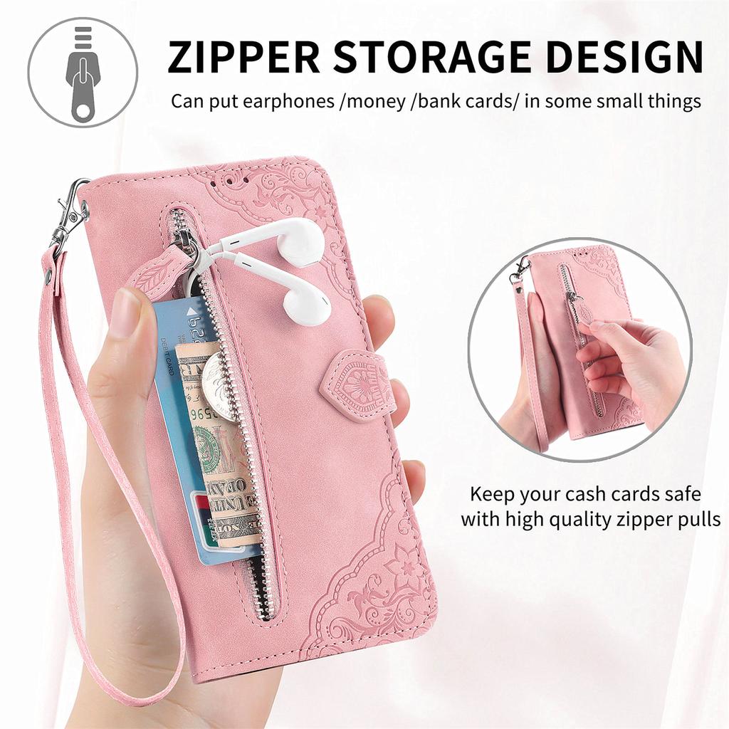 For Xiaomi Redmi Note 13 Pro 5G/Poco X6 5G Zipper Wallet Case with Strap Flower Imprint PU Leather Phone Cover