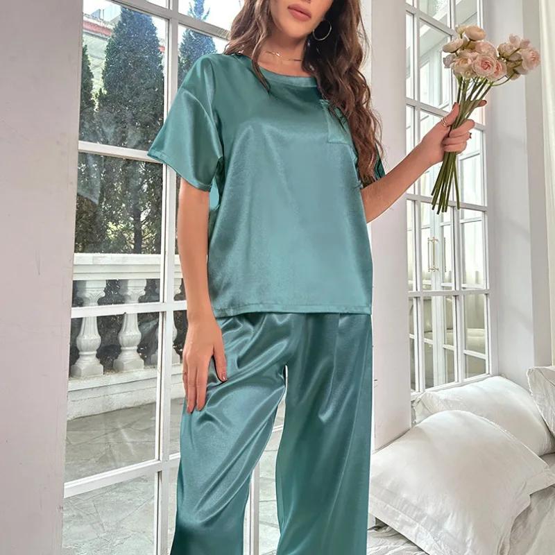 Women's Satin Pajamas Set Autumn Short Sleeve Top Long Pants Sleepwear 2 Piece Set For Women Casual Home Loose Pajamas Set