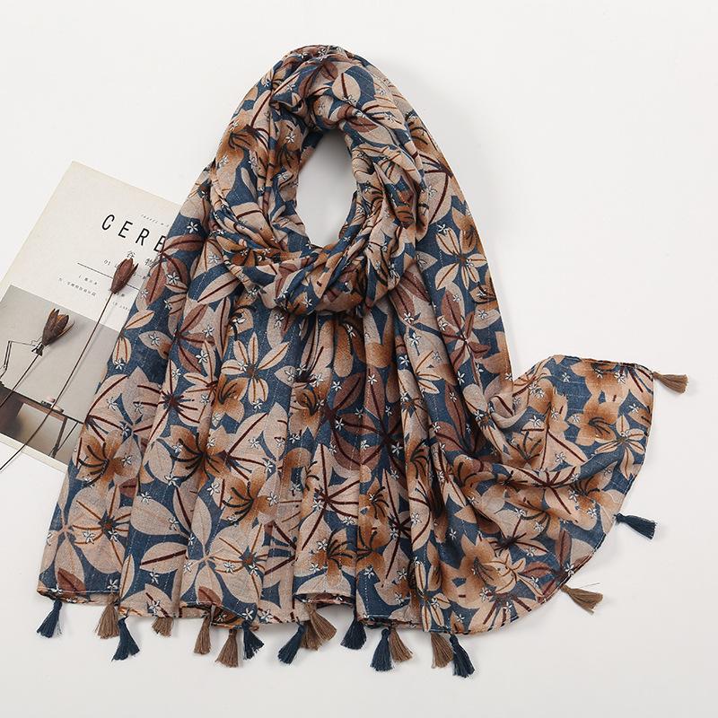 Литературный небольшой свежий хлопковый и льняной ретро-шарф с бахромой, женский напечатанный красивый шелковый шарф, японская солнцезащитная шаль