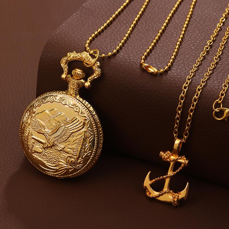 2 шт./набор, 1 шт. модные мужские часы Golden Eagle с резным корпусом, кварцевые карманные часы и 1 шт. винтажный якорь с подвеской на ожерелье, идеально подходит для подарков мужчинам