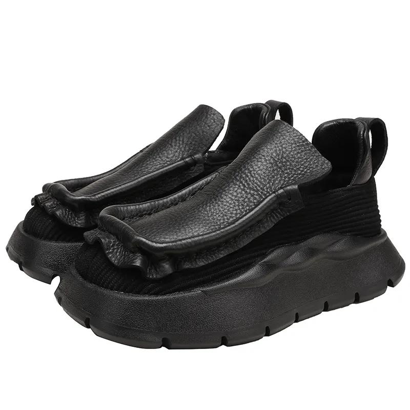 Fujin 4,5 см эргономичные женские лоферы на мягкой резиновой подошве на плоской подошве для отдыха, удобные вязаные осенние туфли из эластичной ткани из натуральной кожи