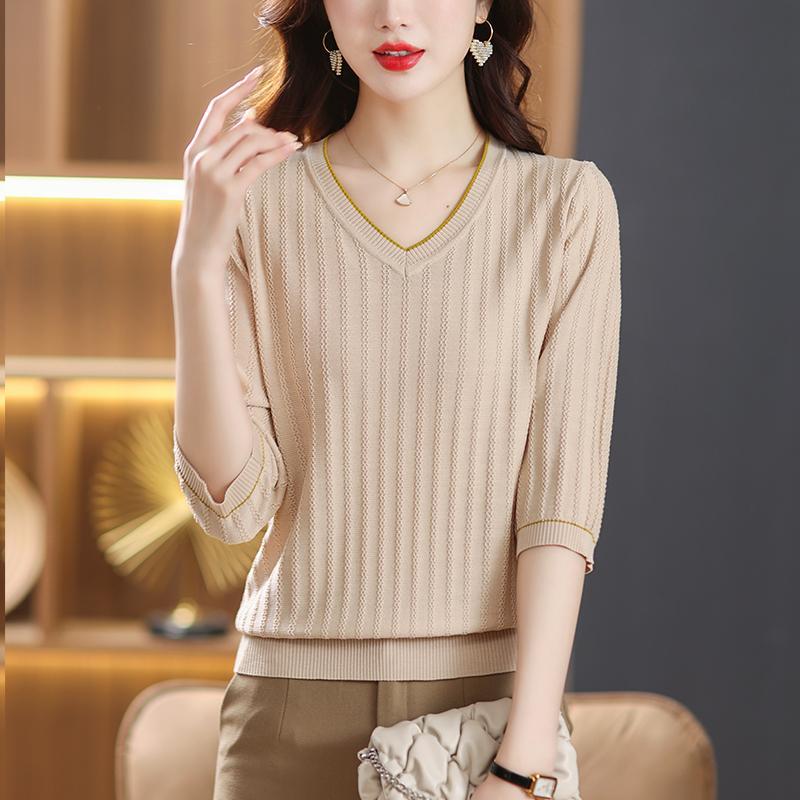 Футболка с v-образным вырезом для мам, женская верхняя рубашка из ледяного шелка с рукавами 3/4, тонкая весенняя модная нижняя рубашка