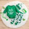 St. Patrick'S Day Baby Boy Alphabets Pattern Long Sleeve Cotton Bodysuit With Pants Hat Outfit Set