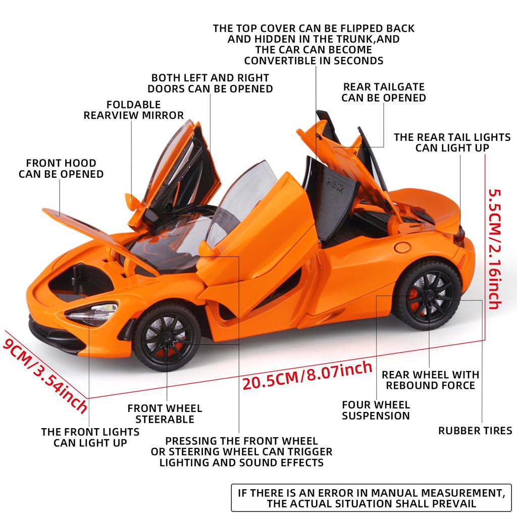 Модель спортивного автомобиля McLaren 720S Alloy Sport Car 1/24 с четырьмя колесами и функцией амортизации, подойдет в качестве подарка на праздник для детей