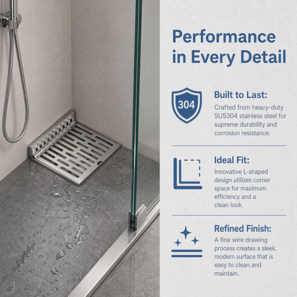 Right Angle Design Corner Floor Drain 304 Stainless Steel Wall Corner Drain Laundry Room