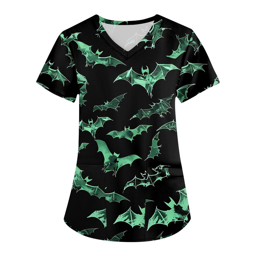 Женская мода V-образным вырезом с короткими рукавами и карманами Топы с принтом на Хэллоуин