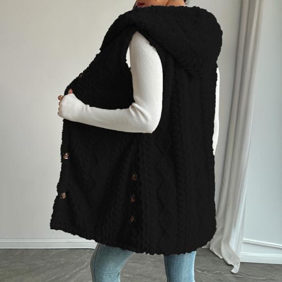 Women's Sleeveless Hoodie Coat Button Down Faux Fur Fuzzy Coat Oversized Textured Hooded Vest Fall Outerwear