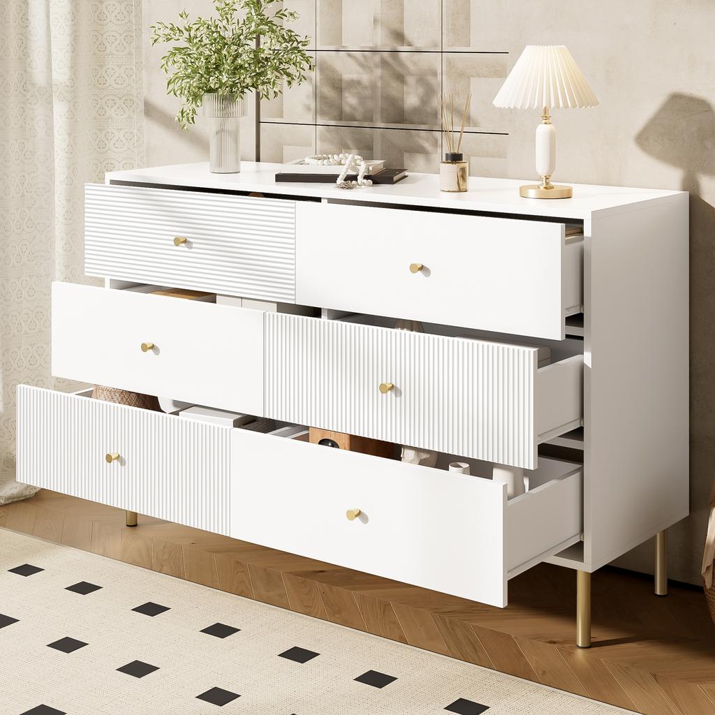 Modern 6-Drawer Chest, White Storage Chest with Zinc Alloy Handles & Steel Legs, 120×40×78cm MDF Cabinet for Bedroom, Living Room, Entryway