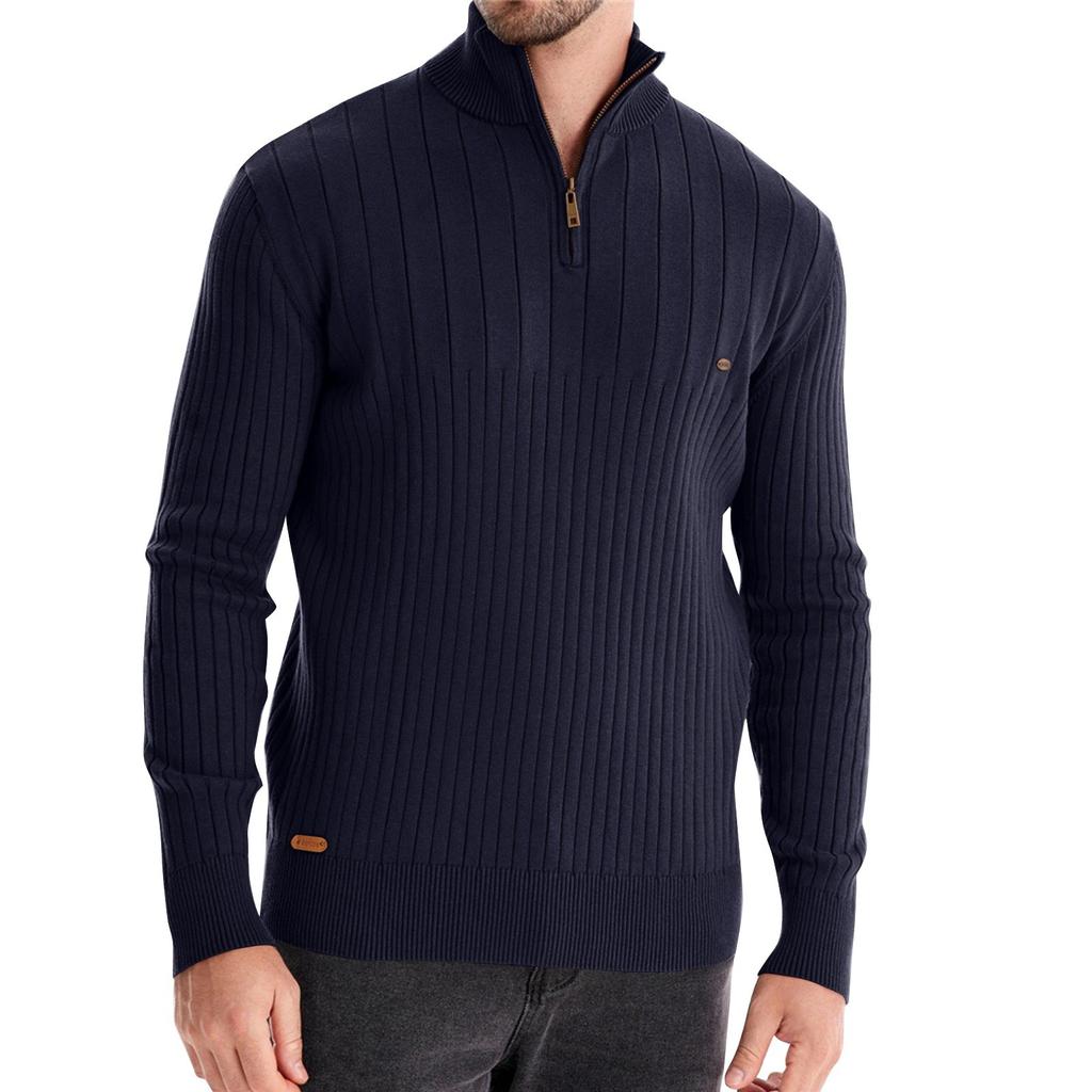 Men's Winter Solid Color Stand Collar Half Zipper Slim Fit Knit Long Sleeve Top