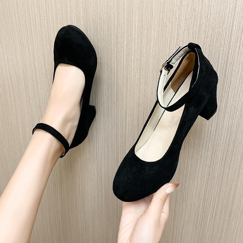 Женские туфли на высоком каблуке весна и осень новая мода ремешок с пряжкой на одно слово толстый каблук одинарные туфли замшевые свадебные туфли для тоста туфли невесты