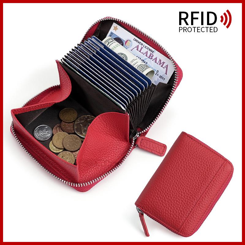 Japanese Style Cowhide RFID Card Wallet, Accordion Multi-Slot Anti-Skimming Zipper Genuine Leather Card Holder for Daily Use