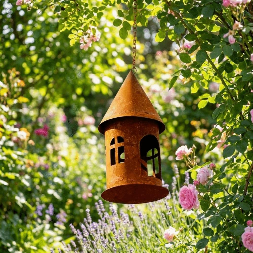 Rustic Hanging Castle Candle Holder Iron Castle Ornaments Versatile Hanging Bird Feeder for Garden