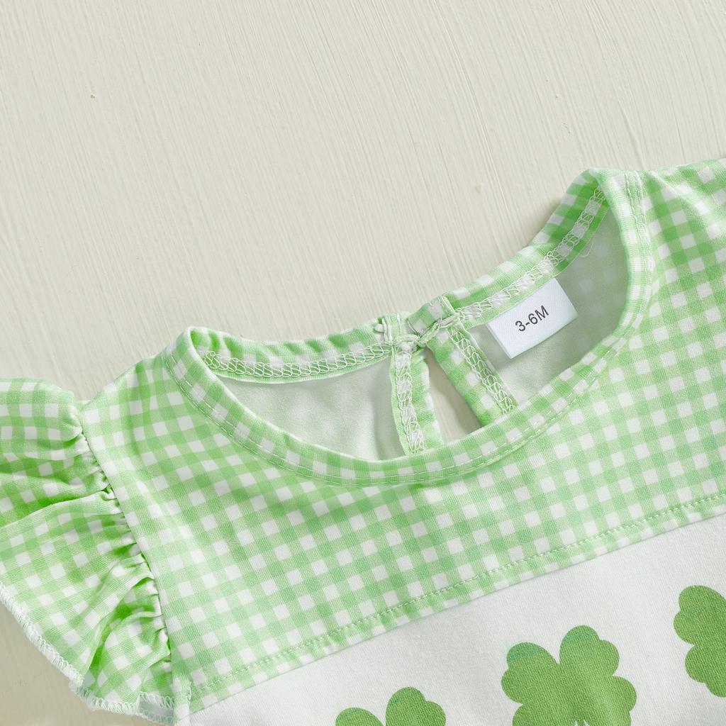 Комбинезон для девочки в клетку с принтом клевера и рукавами-бантиками, милый весенний комбинезон, ирландская одежда