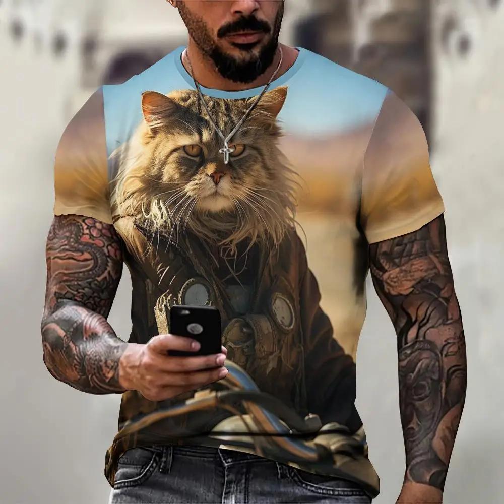 Мужская 3D-печатная футболка Милый рисунок кота Короткий рукав Круглый вырез Пуловер Повседневный топ
