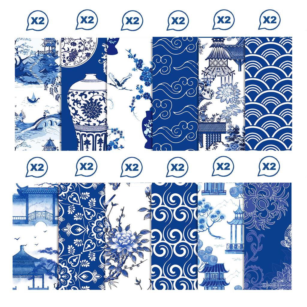 24pcs Blue White Porcelain Scrapbooking Material Paper Pads Vintage Chinese Ink Pattern Backdrop Decorative Origami Paper Crafts