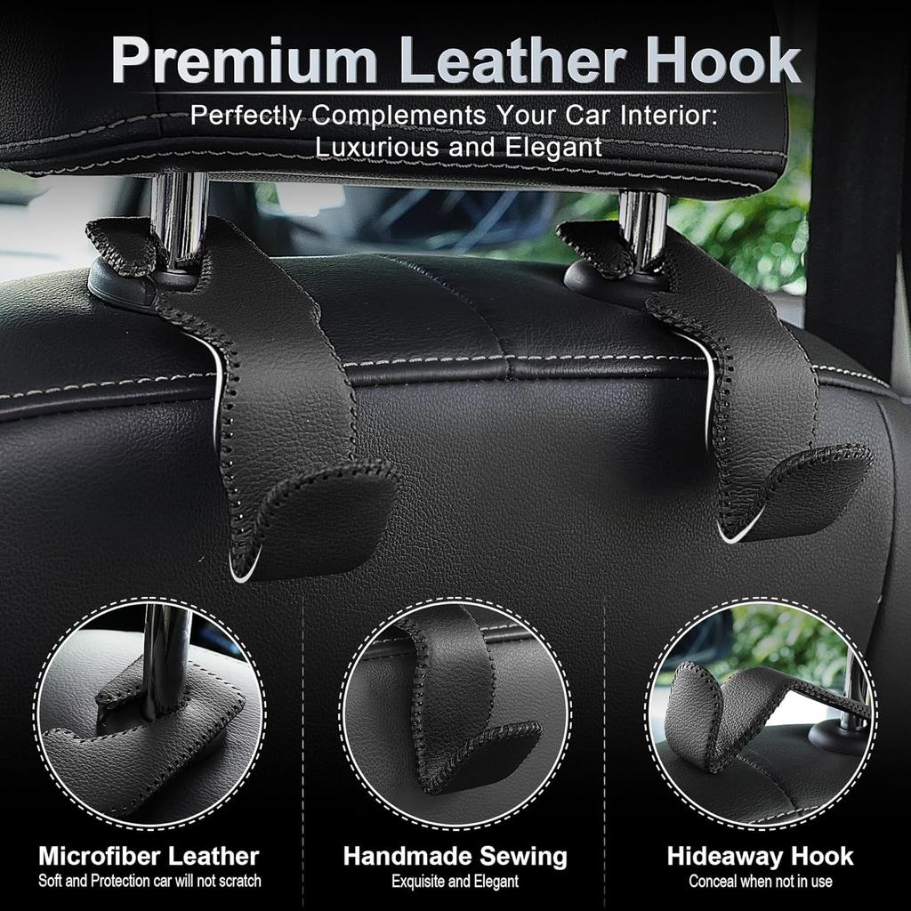 LivTee Black Superior Leather Car Seat Back Headrest Hook, Auto Seat Hook Hangers Interior Accessories For Purse Coats Umbrellas Grocery Bags