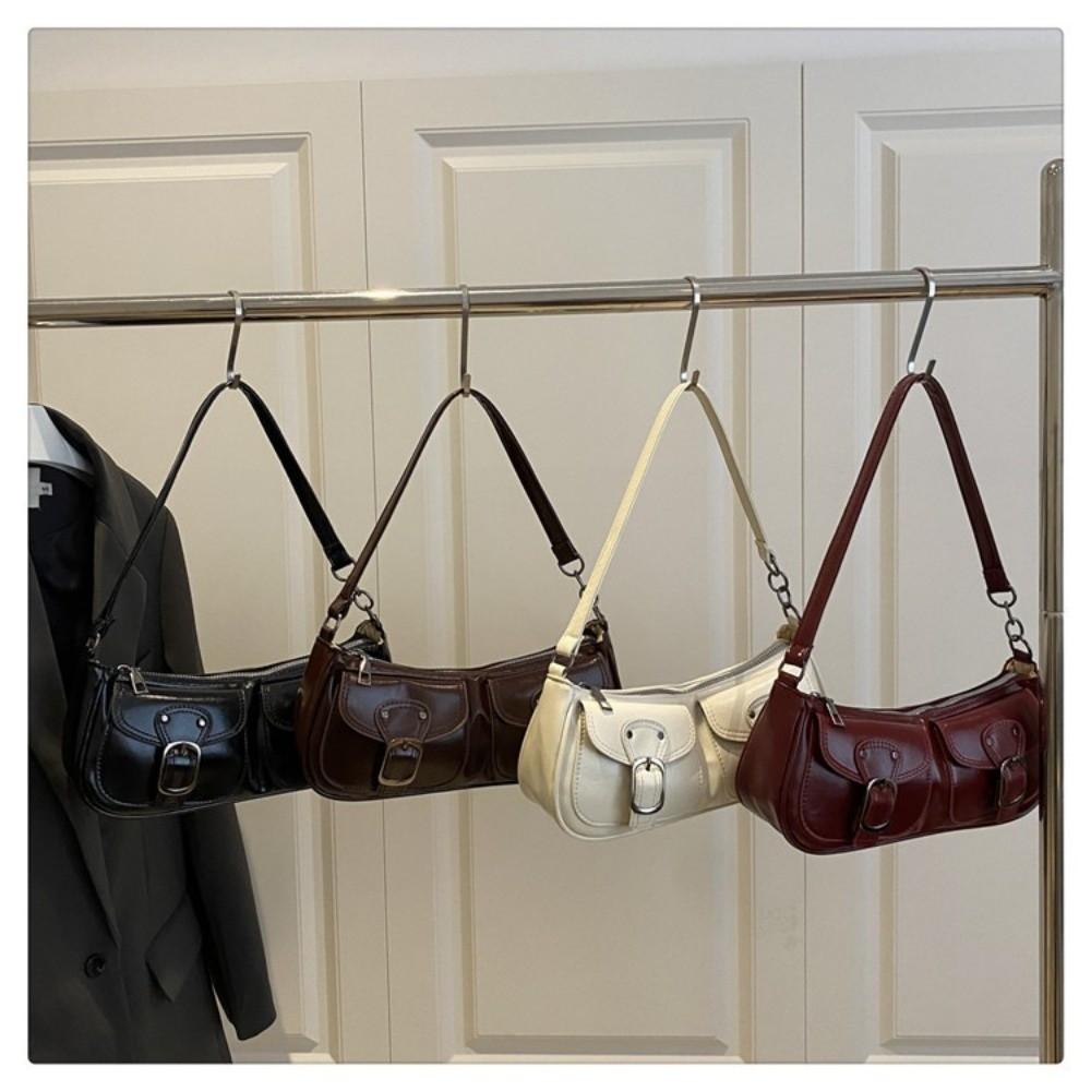 Double Pockets Pu Leather Shoulder Bag Y2k Zipper Handbag Fashion Women's Armpit Bag Commuting