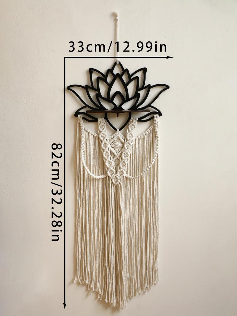 Handwoven Tapestry Art Lotus Macrame Wall Hanging Woven Crystal Shelf Black Wooden Wall Shelves Boho Floating Wall Shelf Gifts