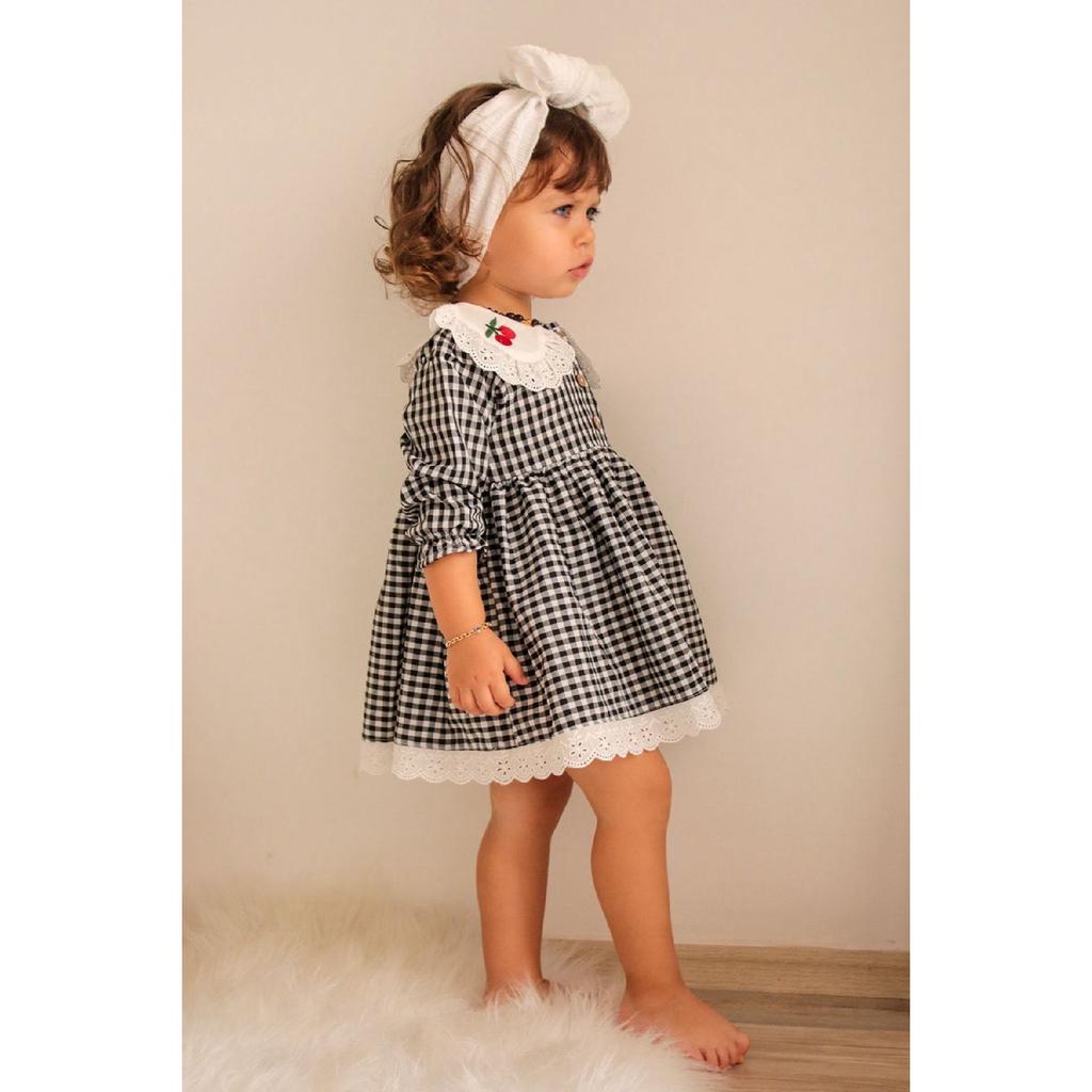 Baby Girl Red White Gingham Cherry Embroidered Ruffle Collar Dress