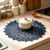 Tea Tray Mats Round Lace Doily, Dark Blue Floral Placemat, Embroidered Table Thickened Polyester Doilies Mat, Heat-resistant for Home Decoration
