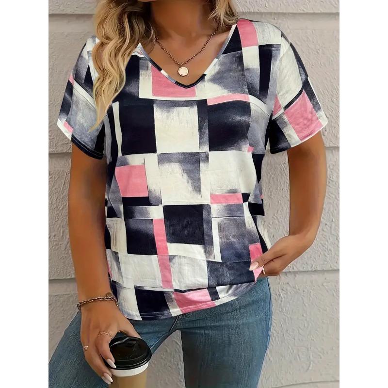 Summer Plaid Women's V-neck T-shirt Outdoor Casual Short Sleeve Tops Plaid Printed Trendy Peplum OverSize Women's Clothing