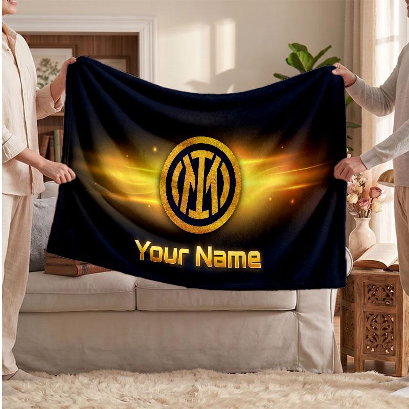 Inter Milan Personalized Fleece Blanket With Football Logo, Custom Name Text Soft Warm Home Throw Blanket