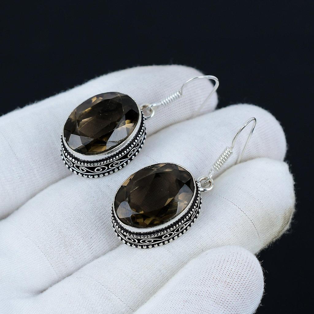 Серьги с дымчатым топазом, серьги из стерлингового серебра 925 пробы, серьги ручной работы, антикварные серьги, драгоценный камень дымчатый топаз, подарки для мамы, украшения для нее