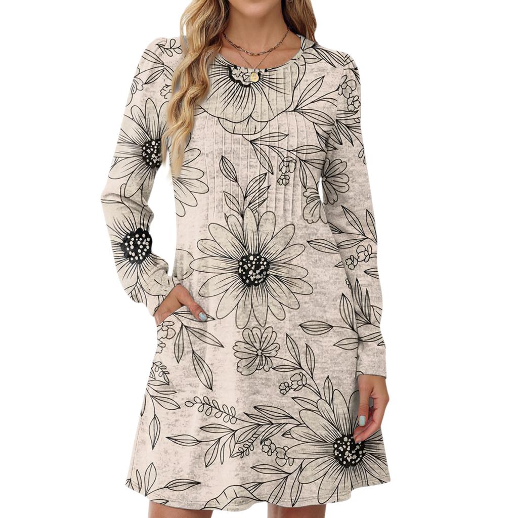 Женское повседневное платье с длинным рукавом, плиссировкой, круглым вырезом, цветочным принтом и карманами