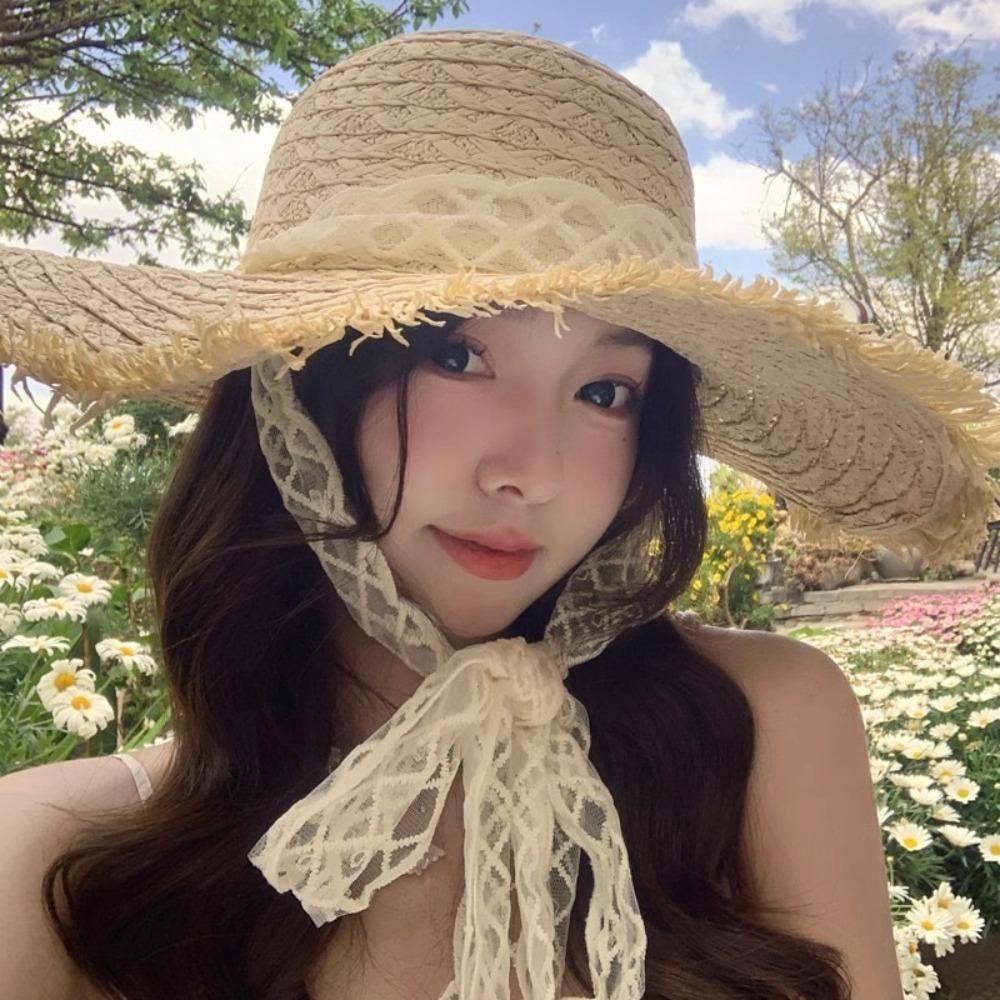 Large Brim Sunshade Hat Bow Bucket Hat Fashion Straw Hat Ladies