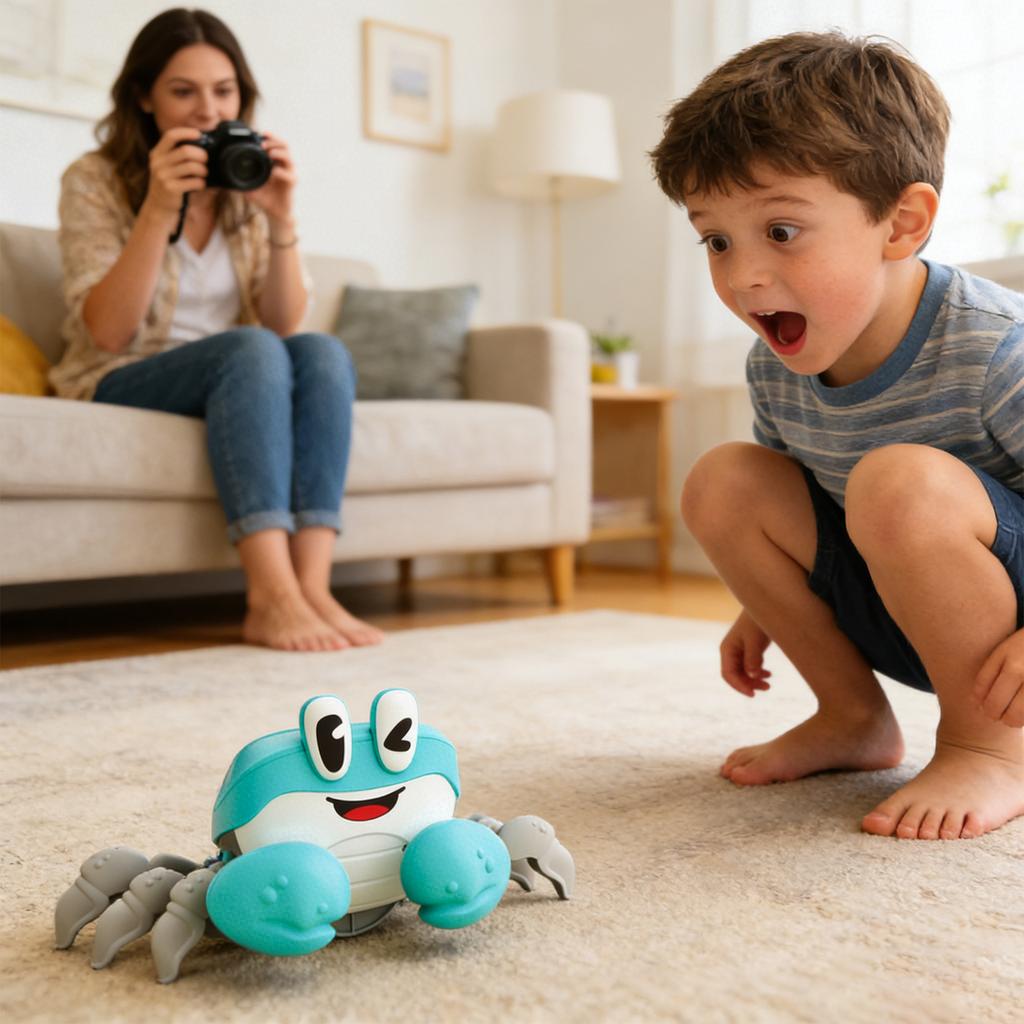 Электрическая игрушка «Убегающий краб» для ползания, ходьбы и обхода препятствий. Звуковая и световая игрушка.