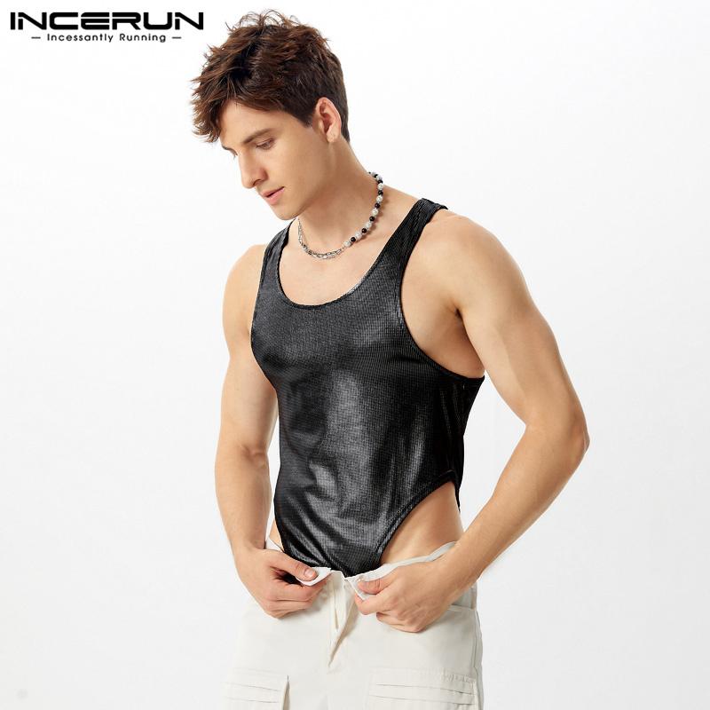 INCERUN Summer Men Glitter Sleeveless Skinny Jumpsuits Party Casual Bodysuits