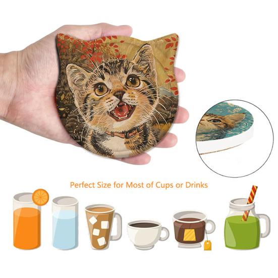 1/6Pcs Cartoon Cat Themed Ceramic Drink Coasters Water Absorbent Fantasy Atmosphere Coasters Home Kitchen Decor