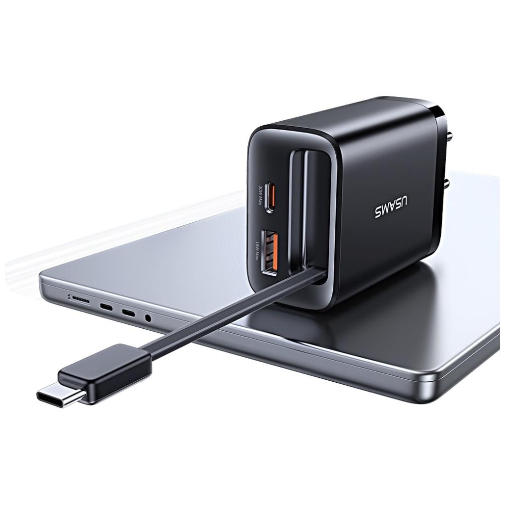 Ładowarka sieciowa USAMS Xiang Series CC296 30W 1xUSB-C 1xUSB-A + kabel USB-C czarny