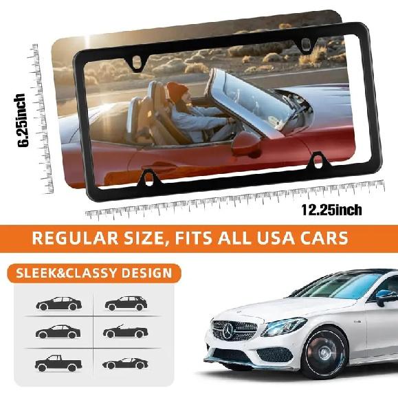Stainless Steel License Plate Frames 2 Pack, Black Matte Universal Tag Holder with Screws for Car Front and Rear