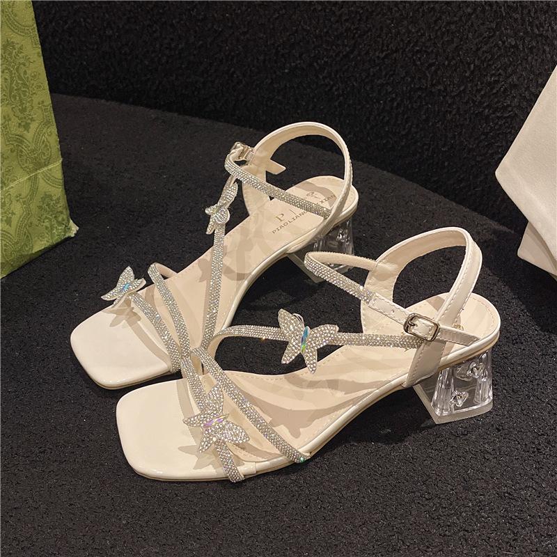 Серебристые босоножки со стразами женские 2025 новая летняя с юбкой толстый каблук открытый носок красивый бант хрустальные высокие каблуки