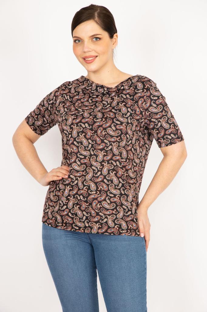 Women's Big Size Blouse Colorful Plus Size Paisley Patterned Collar Detailed Blouse