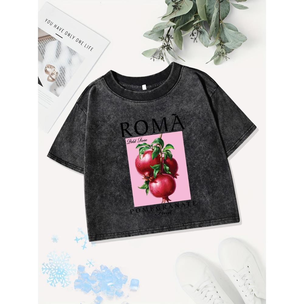 Street Cotton Crop Tops Womens Roma Fruit Pomegranateprinting Washed T-Shirt Sexy Regular Fit Clothes