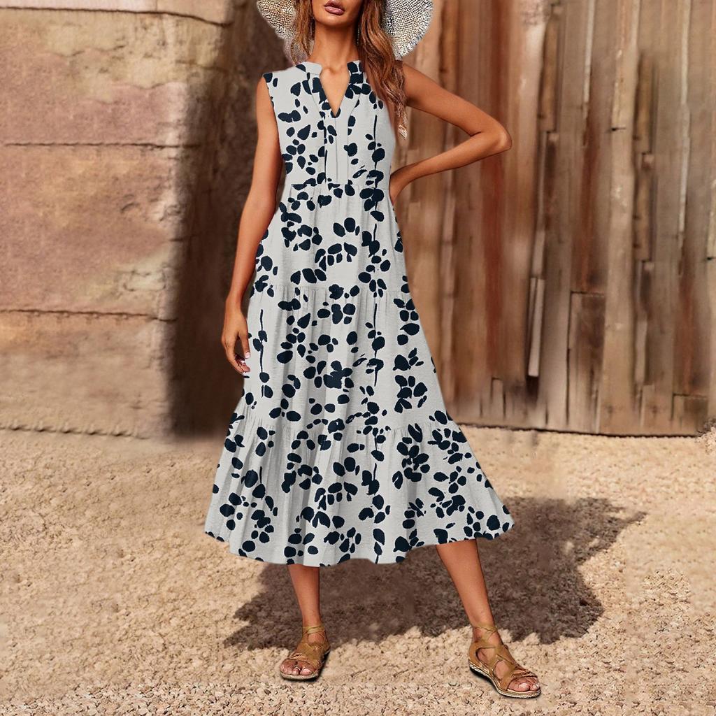 Women's Casual And Fashionable V-neck Sleeveless Printing Mid Length Dress