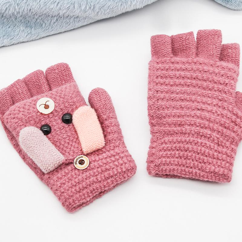 Детские зимние варежки без пальцев с мультяшным котенком - Теплые, милые, вязаные под кашемир для учеников начальной школы