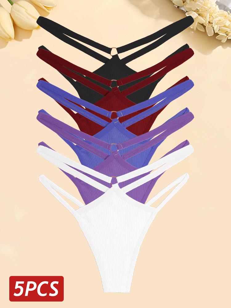 FINETOO 5 шт./компл. женские хлопковые трусики сексуальные ажурные стринги женское дышащее нижнее белье металлические кольца стринги нижнее белье эластичное с низкой посадкой